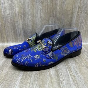 Urban Outfitters UO‎ Sean Floral Belgian Loafer Mens 11 Blue Slip On Horse Bit